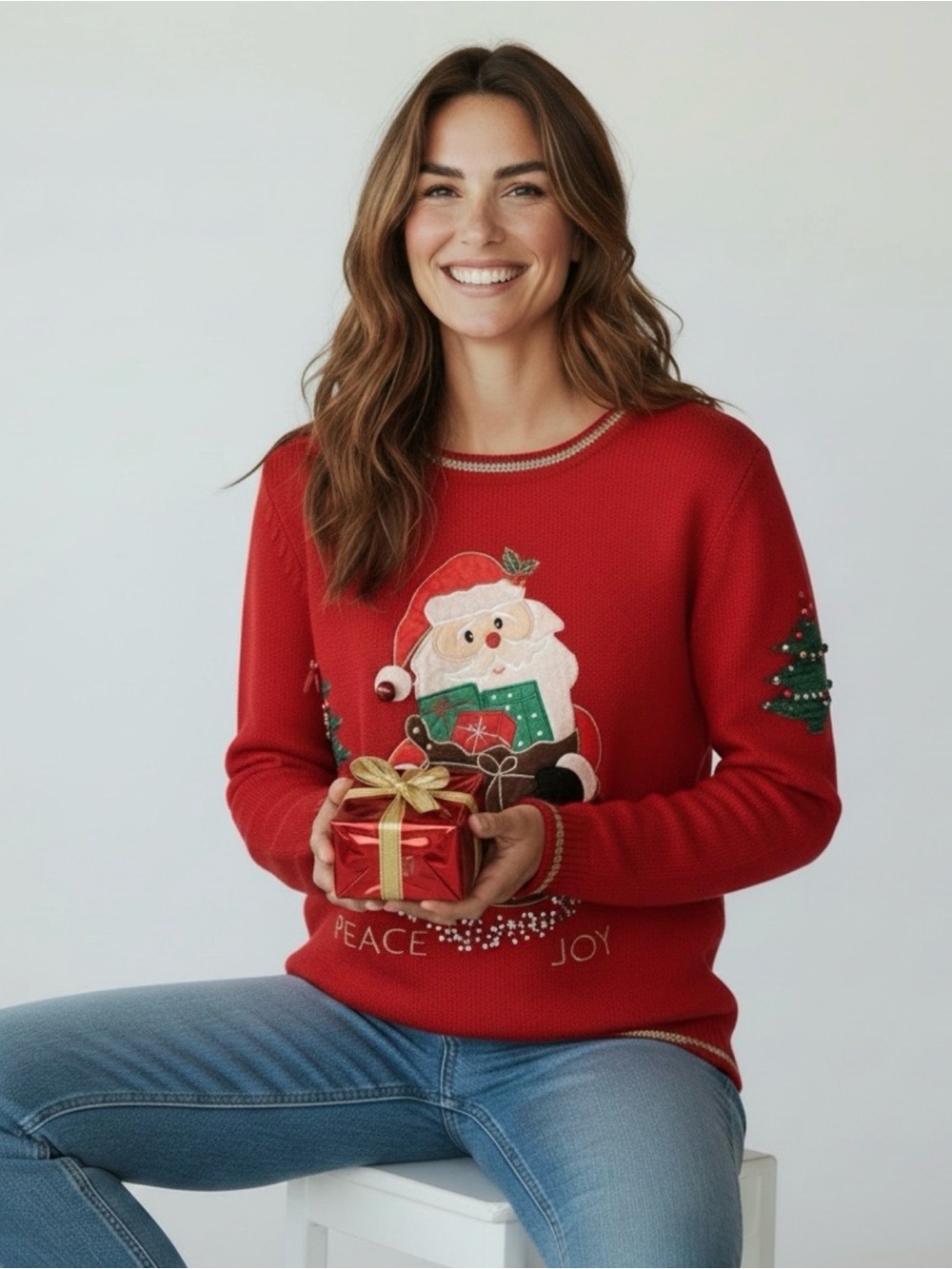 Holiday Time Vintage Style Red Ugly Christmas Sweater Santa Peace Joy Women’s M